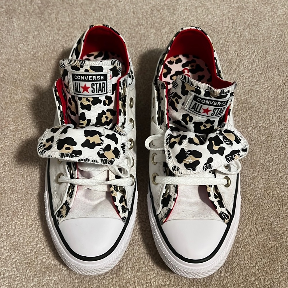 Brand new converse with two tongue, cheetah and red print design-gold hardware
